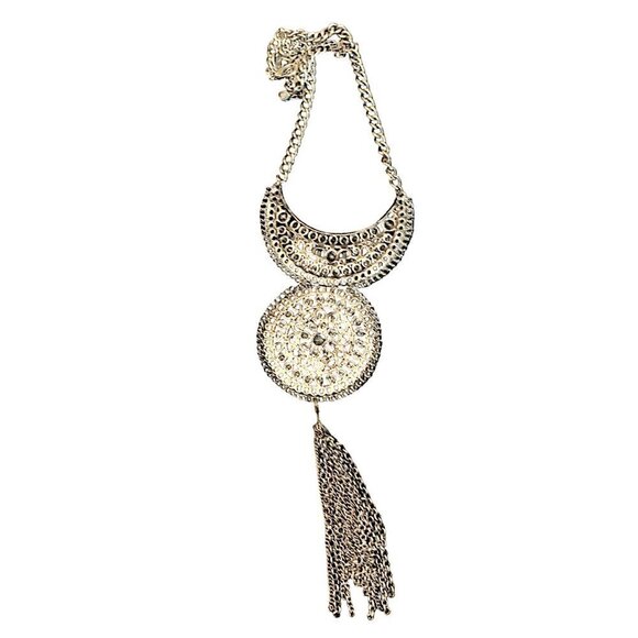 Filigree Crescent Moon and Circle Silver Tassel Necklace Boho Statement - Picture 4 of 5